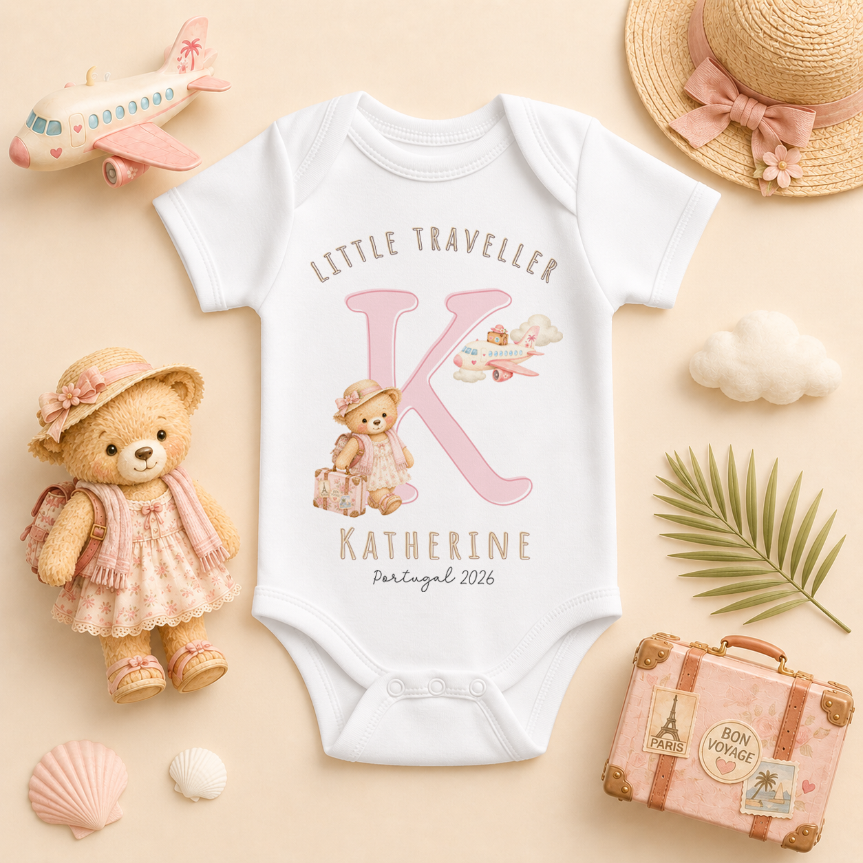 Personalised Summer Holiday Baby Vest Bodysuit for Girls, Little Traveller Pink Girl Bear Initial