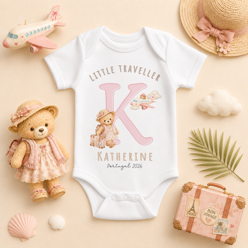 Personalised Summer Holiday Baby Vest Bodysuit for Girls, Little Traveller Pink Girl Bear Initial