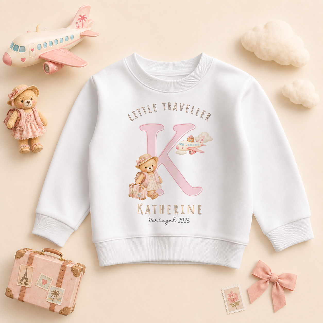 Personalised Summer Holiday Kids Sweatshirt for Girls, Little Traveller Pink Girl Bear Initial