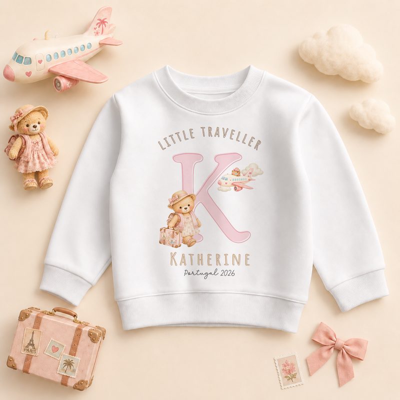 Personalised Summer Holiday Kids Sweatshirt for Girls, Little Traveller Pink Girl Bear Initial