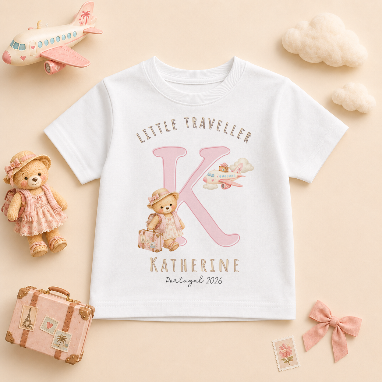 Personalised Summer Holiday Kids T-Shirt for Girls, Little Traveller Pink Girl Bear Initial