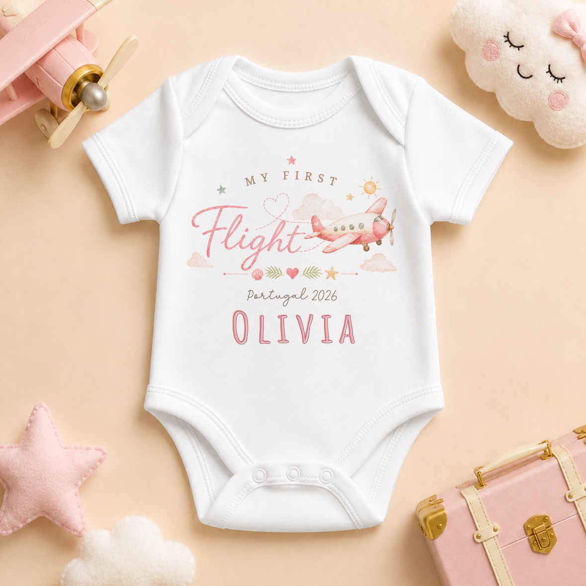Personalised Summer Holiday Baby Vest Bodysuit for Girls, Little Flyer Pink Palm Tree Plane
