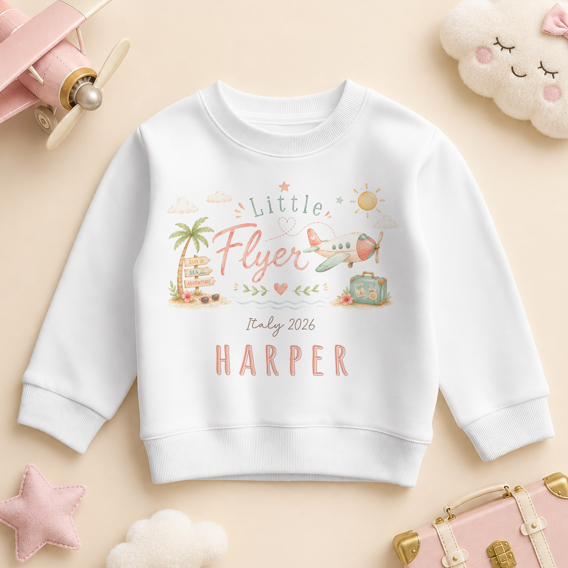 Personalised Summer Holiday Kids Sweatshirt for Girls, Little Flyer Pink Palm Tree Plane