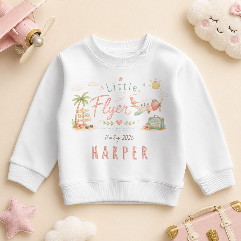 Personalised Summer Holiday Kids Sweatshirt for Girls, Little Flyer Pink Palm Tree Plane