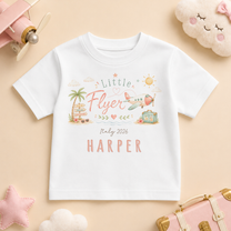 Personalised Little Flyer Kids T-Shirt for Girls, Watercolour Aeroplane Palm Tree Summer Holiday Vacation