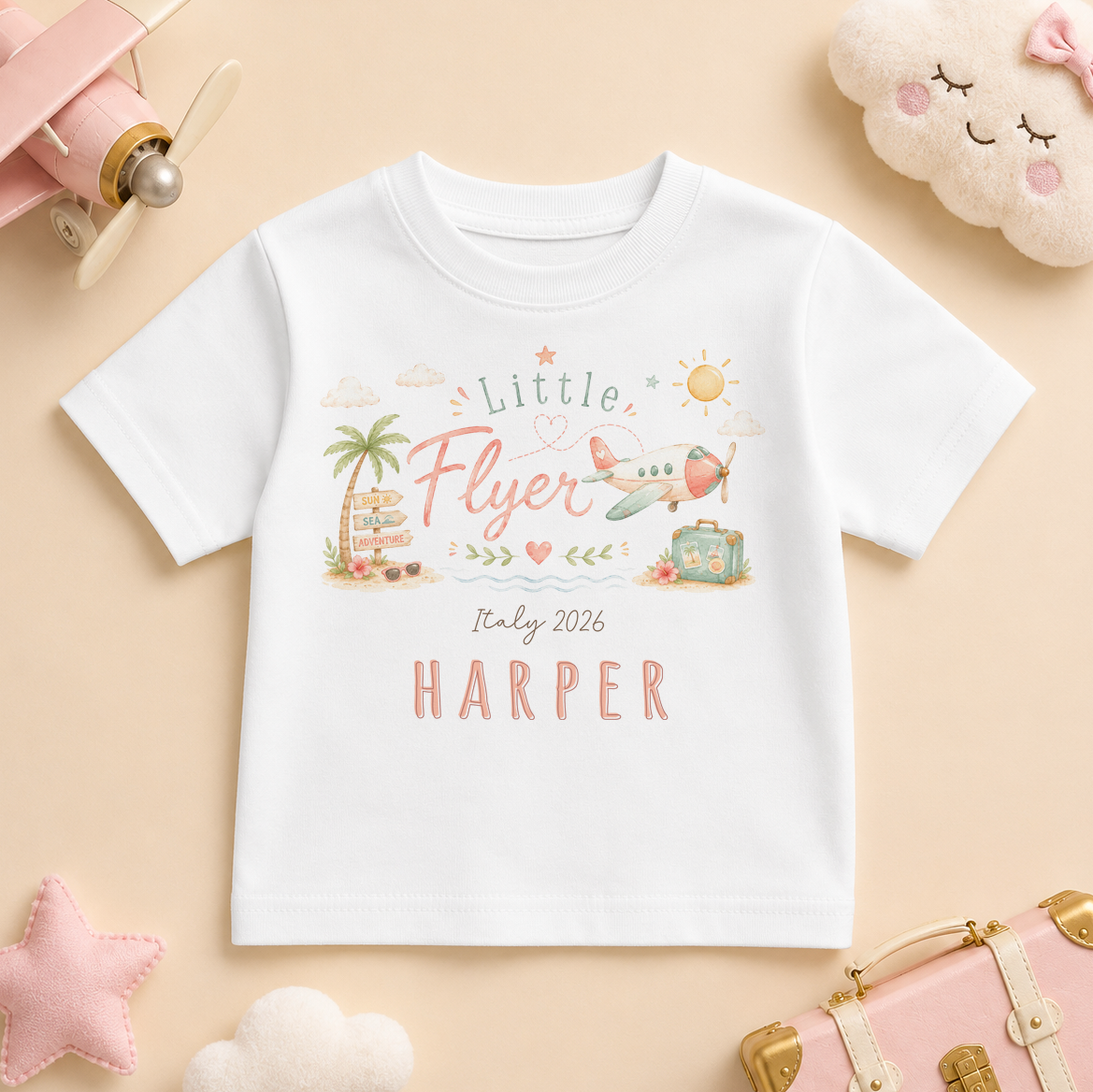 Personalised Summer Holiday Kids T-Shirt for Girls, Little Flyer Pink Palm Tree Plane