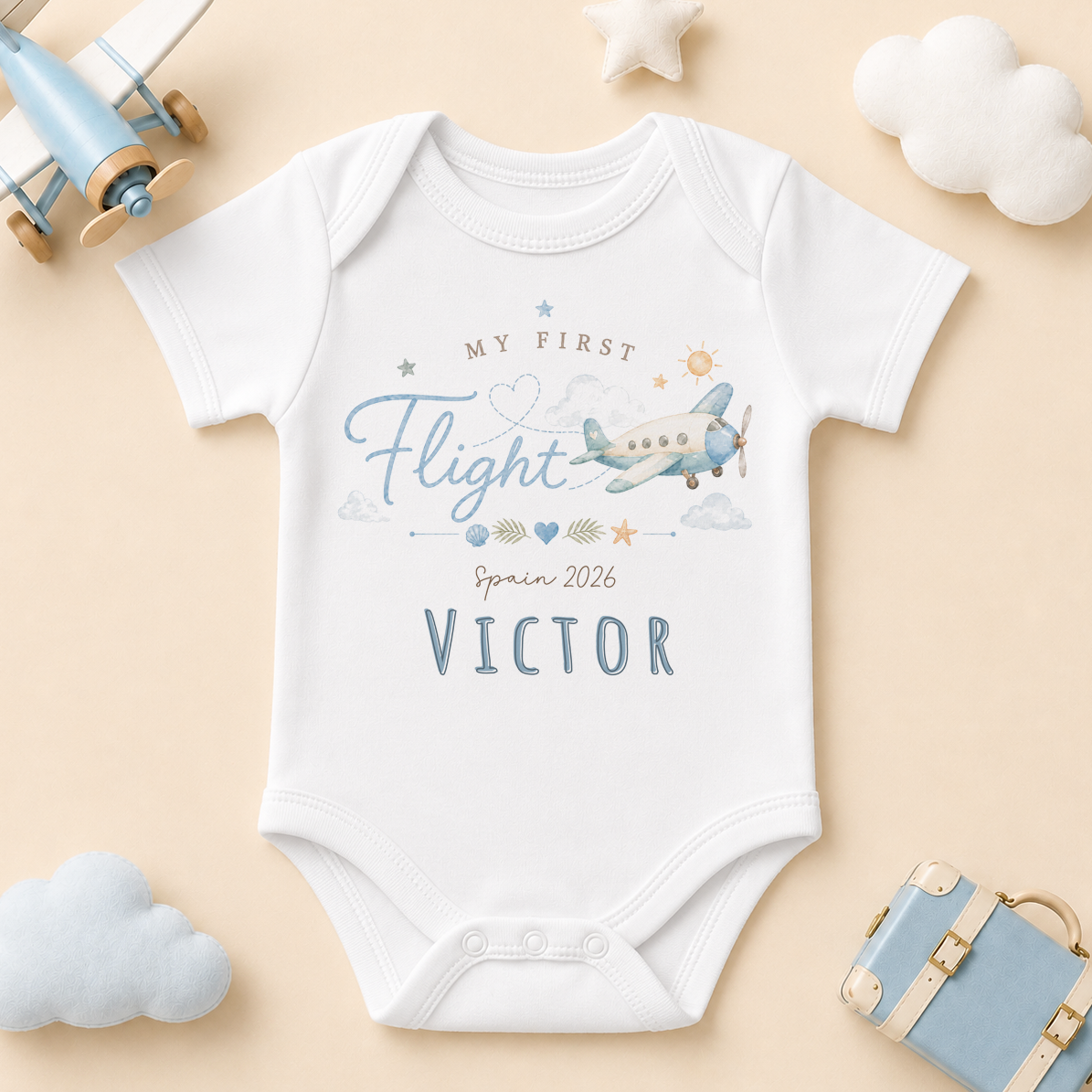 Personalised Summer Holiday Baby Vest Bodysuit for Boys, Little Flyer Blue Palm Tree Plane