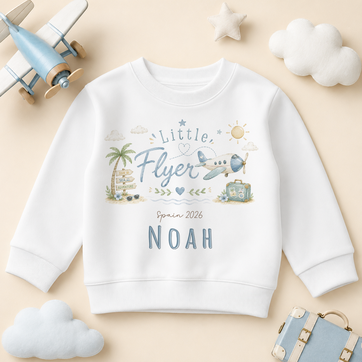 Personalised Summer Holiday Kids Sweatshirt for Boys, Little Flyer Blue Palm Tree Plane