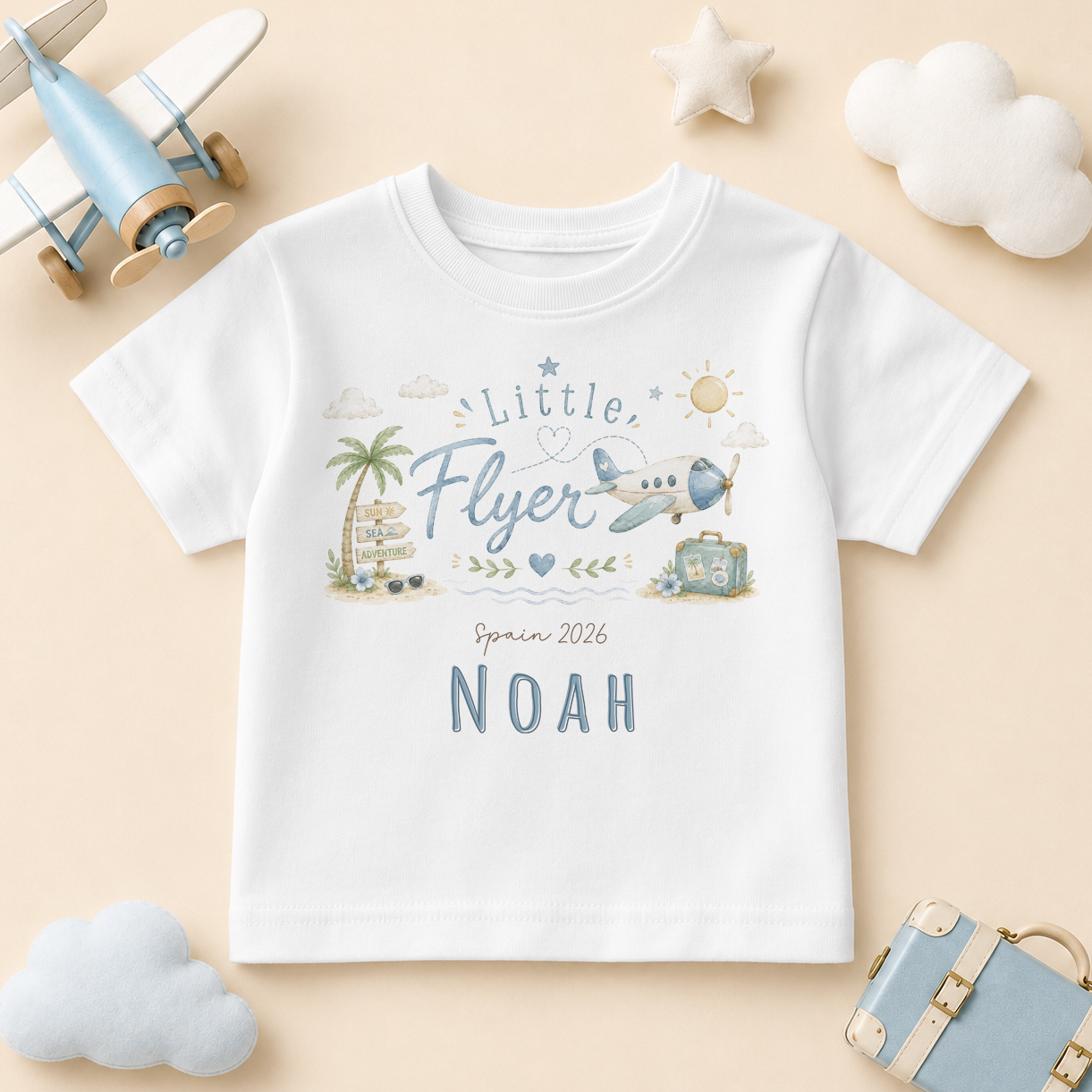 Personalised Summer Holiday Kids T-Shirt for Boys, Little Flyer Blue Palm Tree Plane