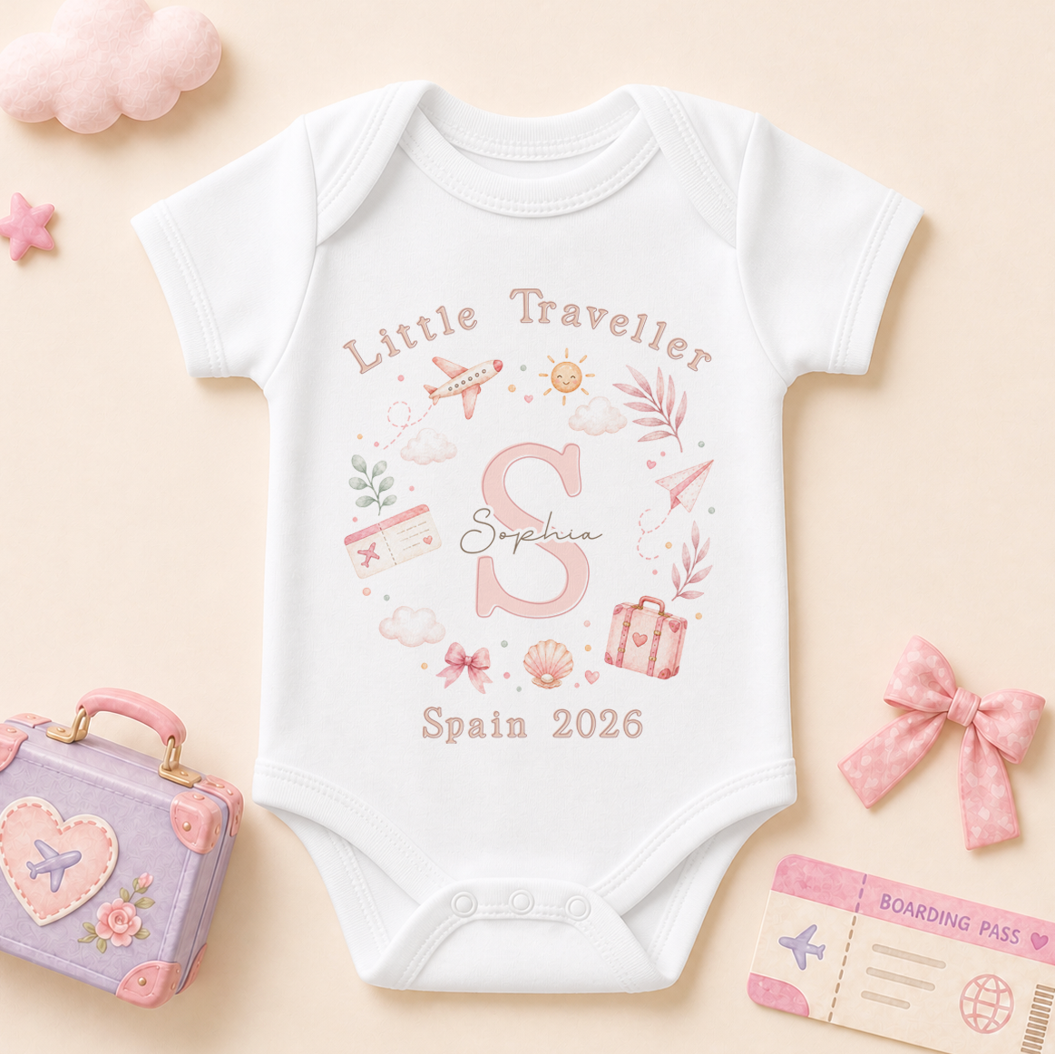 Personalised Summer Holiday Baby Vest Bodysuit for Girls, Little Traveller Pink Initial Plane