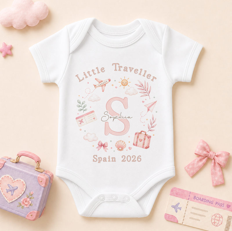 Personalised Summer Holiday Baby Vest Bodysuit for Girls, Little Traveller Pink Initial Plane
