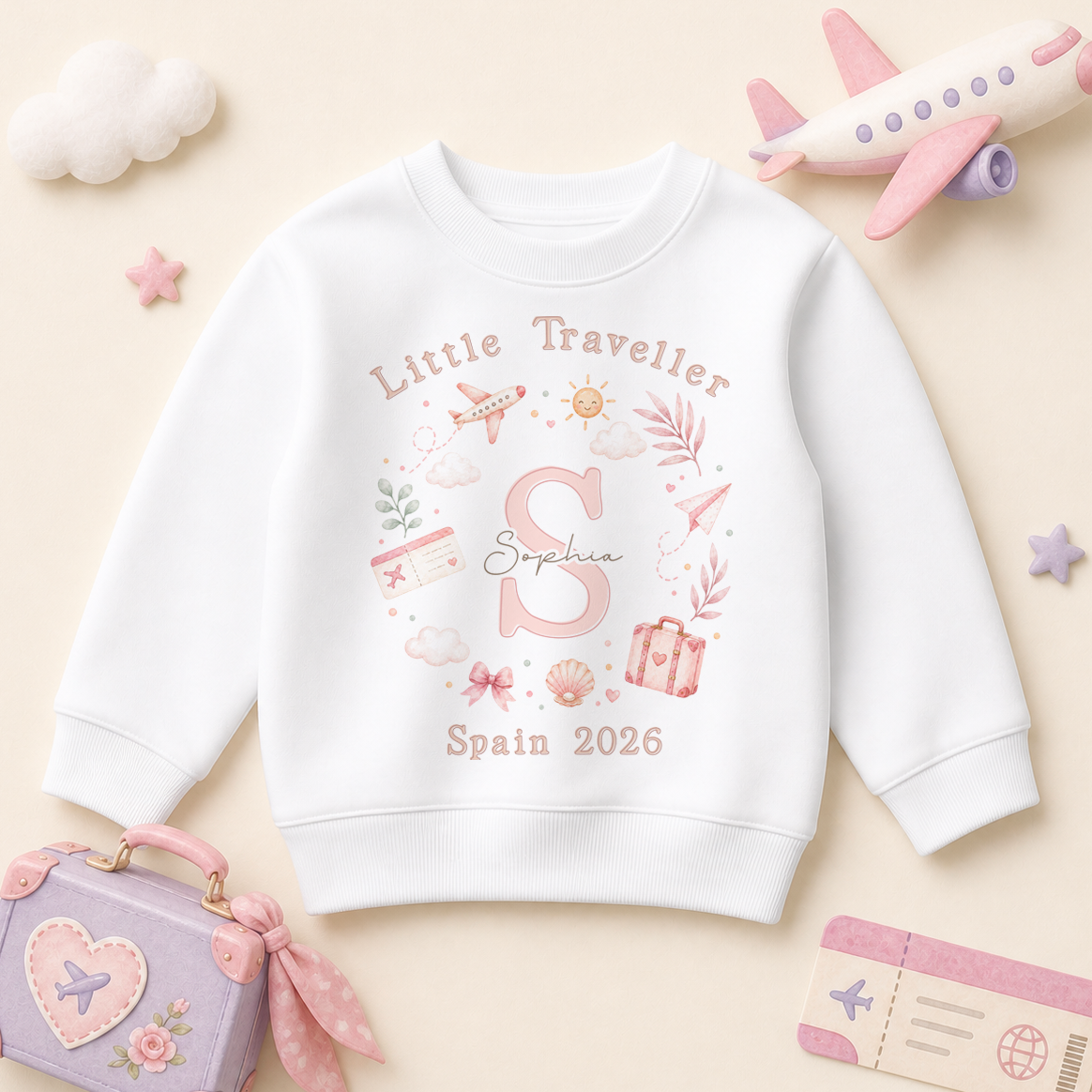 Personalised Summer Holiday Kids Sweatshirt for Girls, Little Traveller Pink Initial Plane