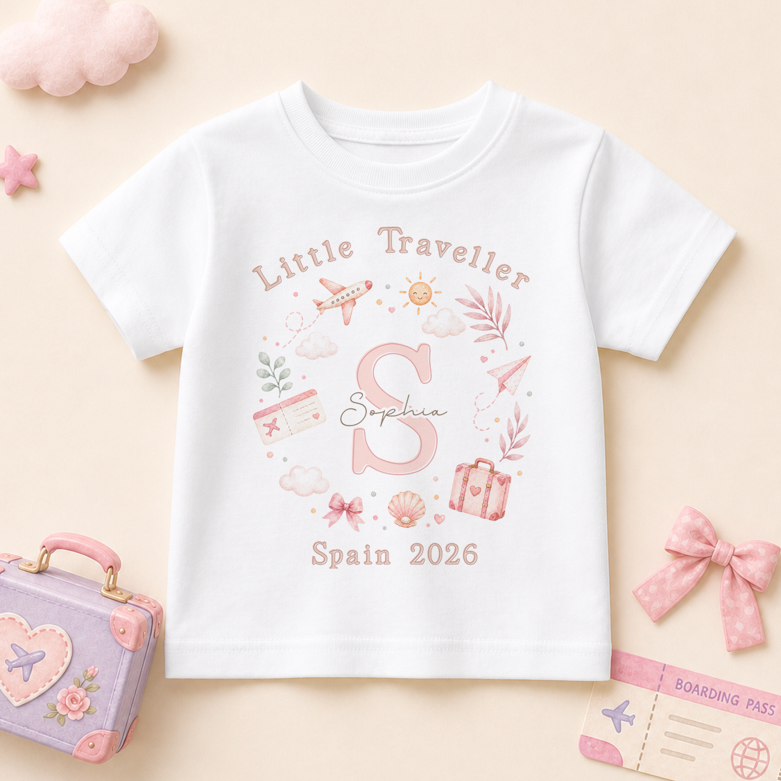 Personalised Summer Holiday Kids T-Shirt for Girls, Little Traveller Pink Initial Plane