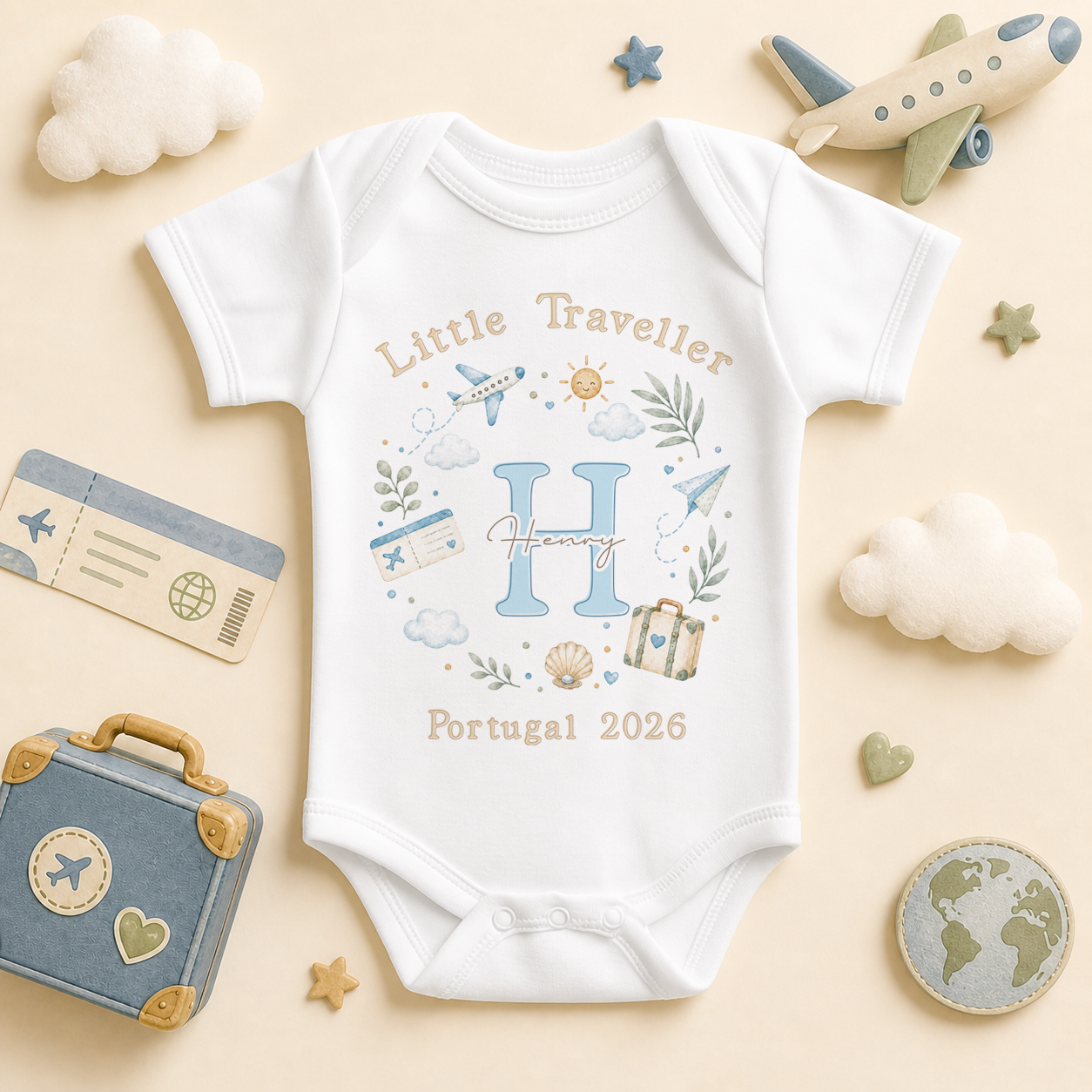 Personalised Summer Holiday Baby Vest Bodysuit for Boys, Little Traveller Blue Initial Plane
