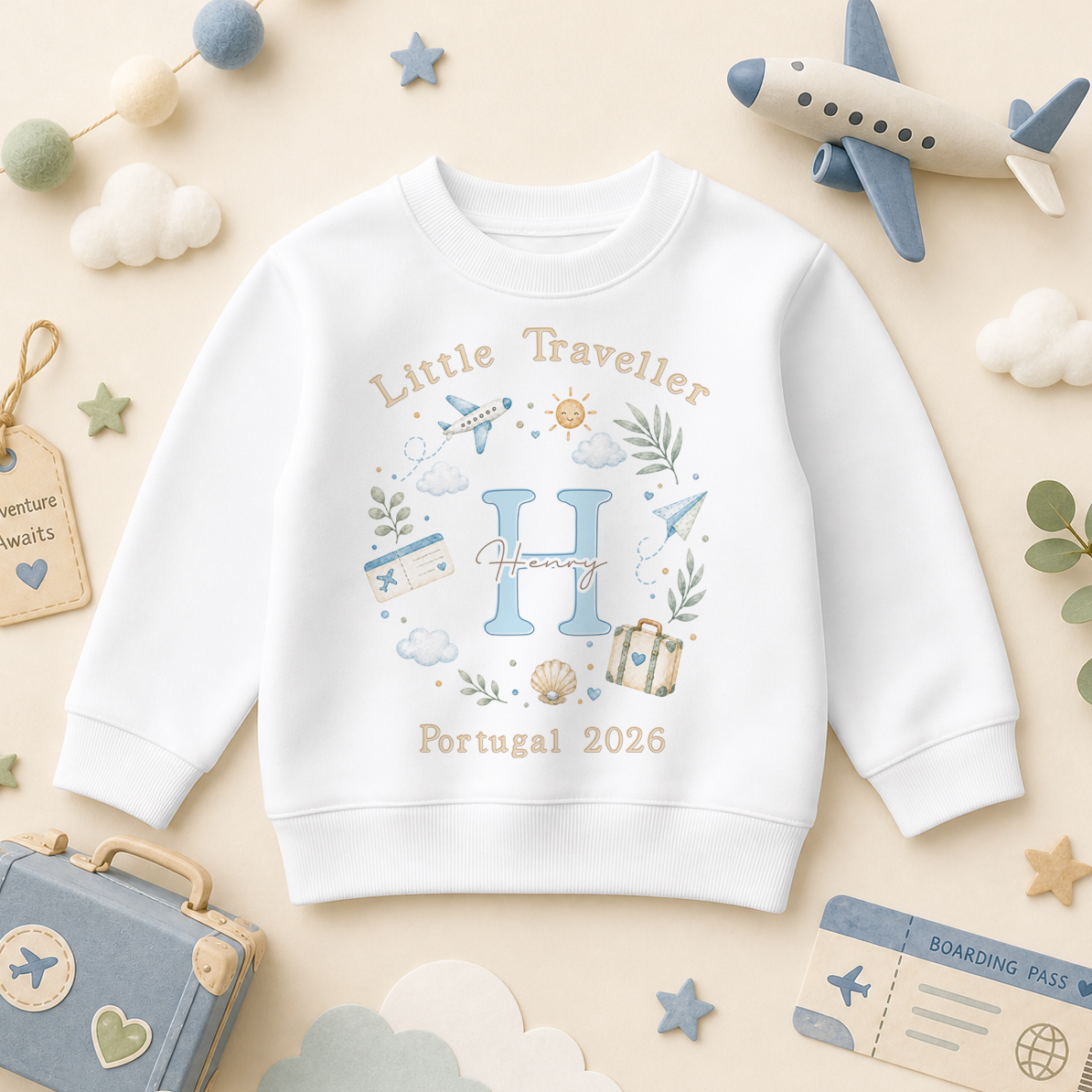 Personalised Summer Holiday Kids Sweatshirt for Boys, Little Traveller Blue Initial Plane