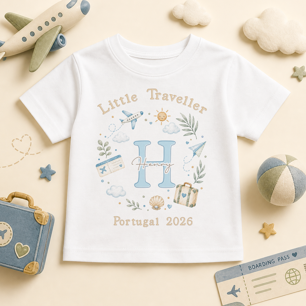 Personalised Summer Holiday Kids T-Shirt for Boys, Little Traveller Blue Initial Plane