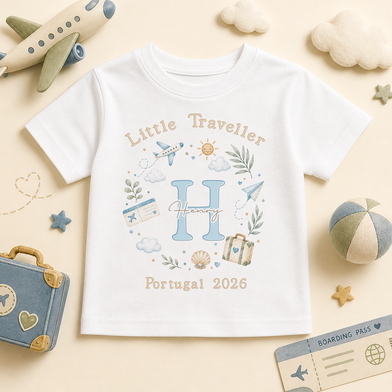 Personalised Summer Holiday Kids T-Shirt for Boys, Little Traveller Blue Initial Plane