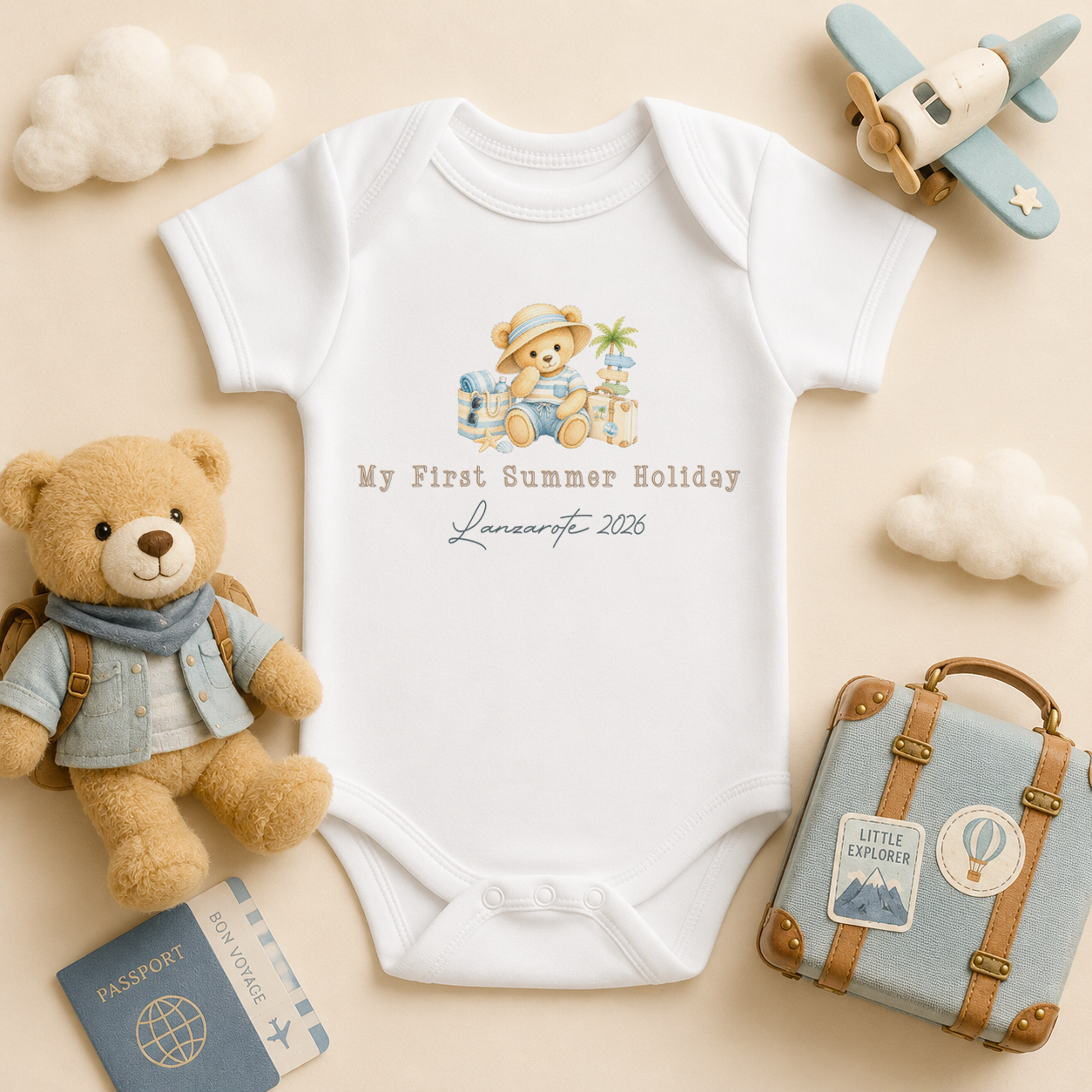 Personalised Summer Holiday Baby Vest Bodysuit for Boys, My Summer Holiday Boy Bear Beach