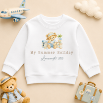 Personalised My Summer Holiday Kids Sweatshirt for Boys, Watercolour Beach Bear Palm Tree Sandcastle Vacation