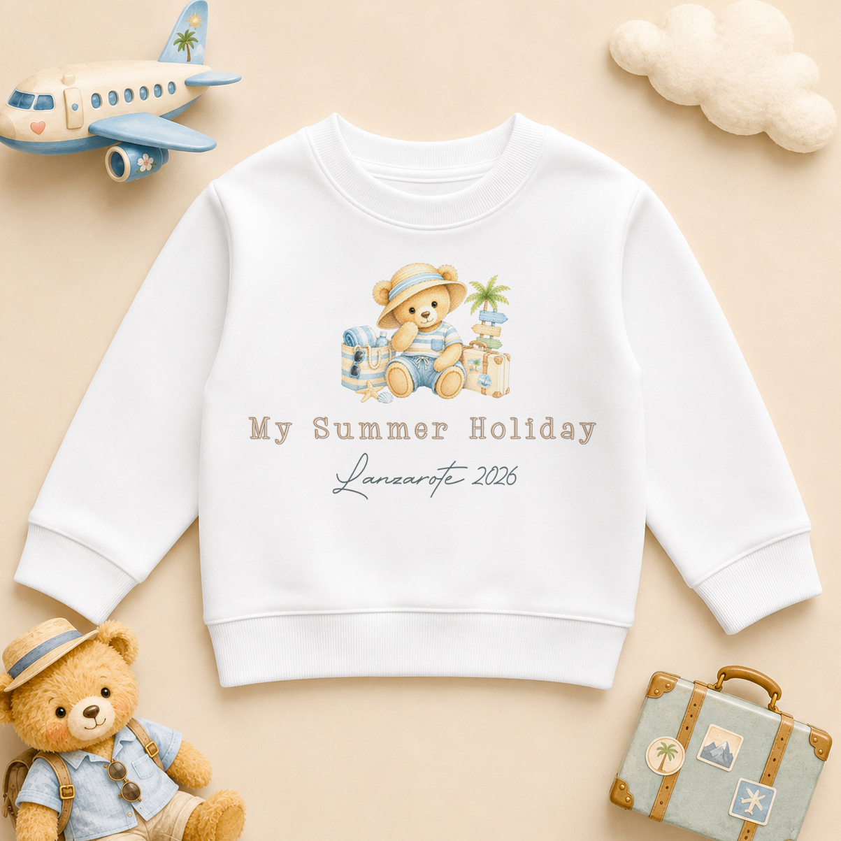Personalised Summer Holiday Kids Sweatshirt for Boys, My Summer Holiday Boy Bear Beach