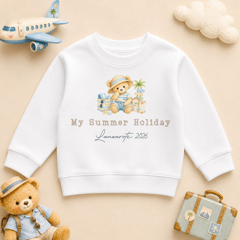 Personalised Summer Holiday Kids Sweatshirt for Boys, My Summer Holiday Boy Bear Beach