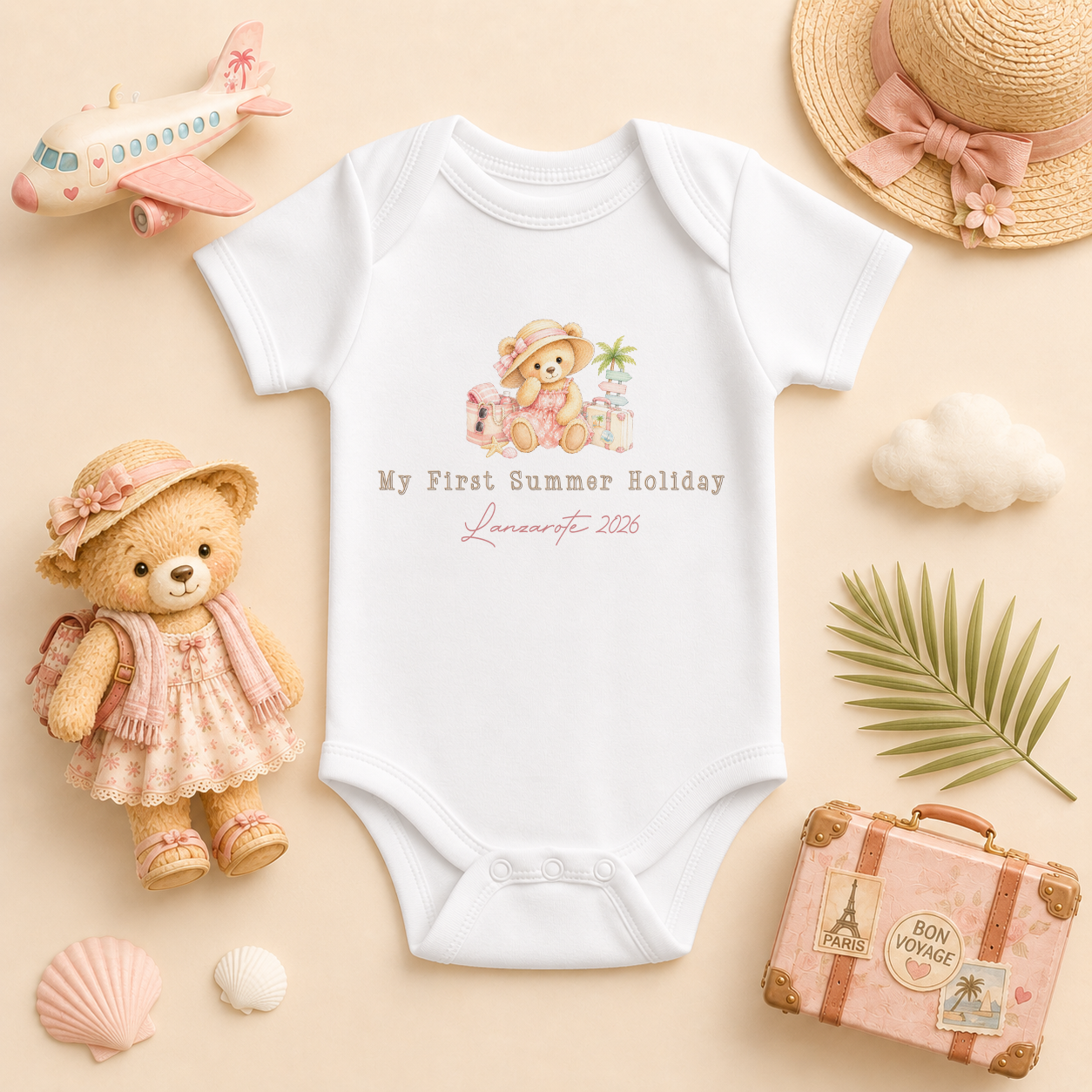 Personalised Summer Holiday Baby Vest Bodysuit for Girls, My Summer Holiday Pink Girl Bear Beach