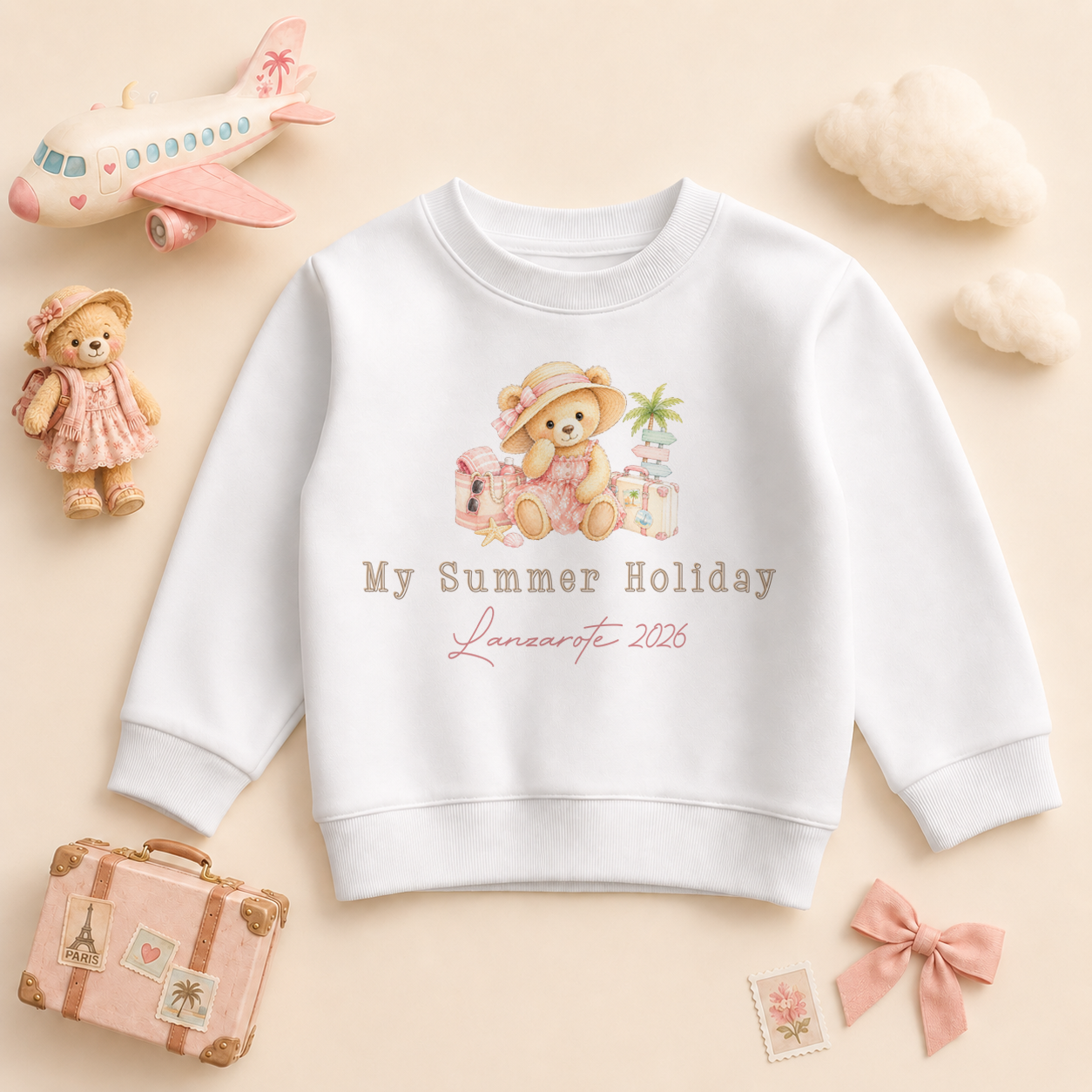 Personalised Summer Holiday Kids Sweatshirt for Girls, My Summer Holiday Pink Girl Bear Beach