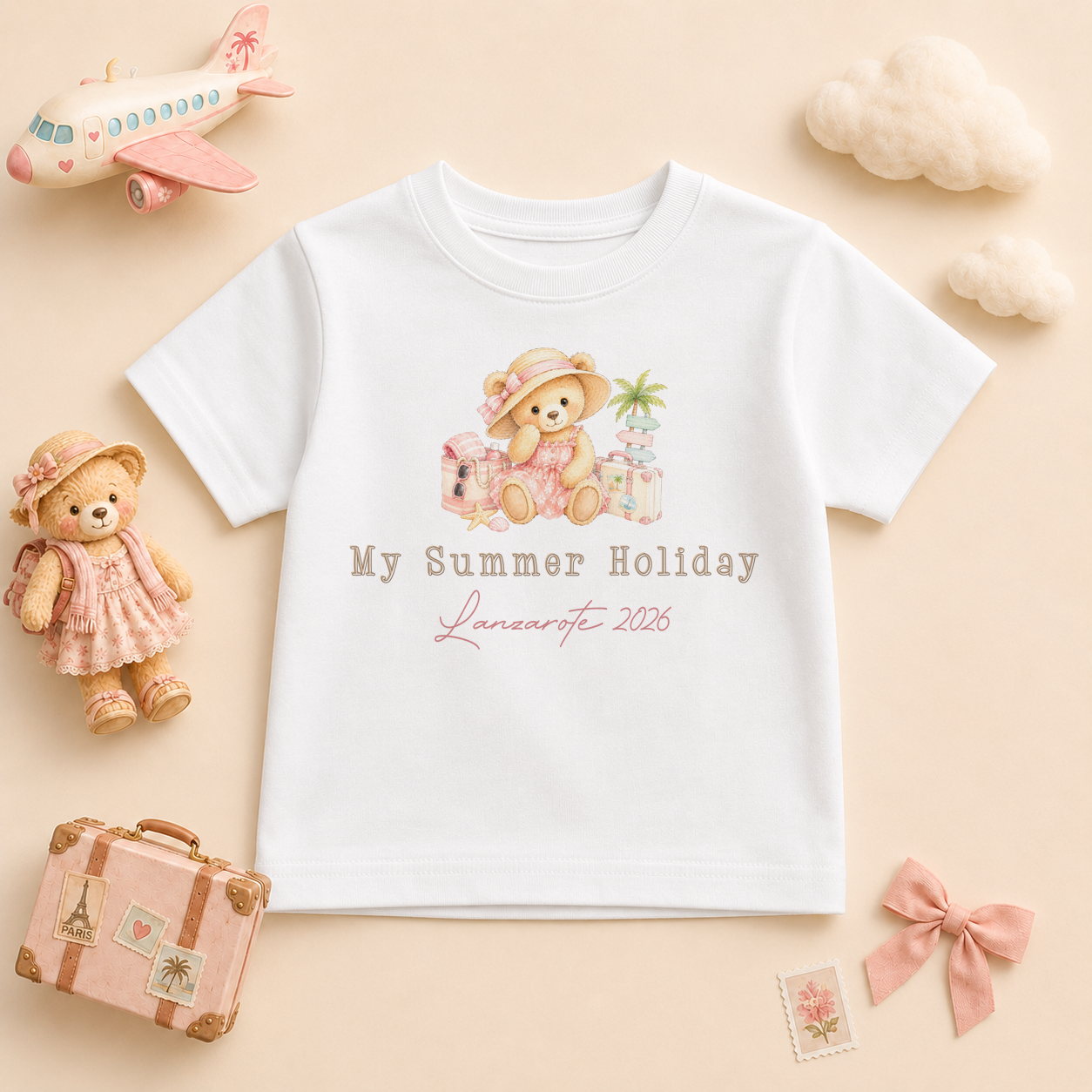 Personalised Summer Holiday Kids T-Shirt for Girls, My Summer Holiday Pink Girl Bear Beach