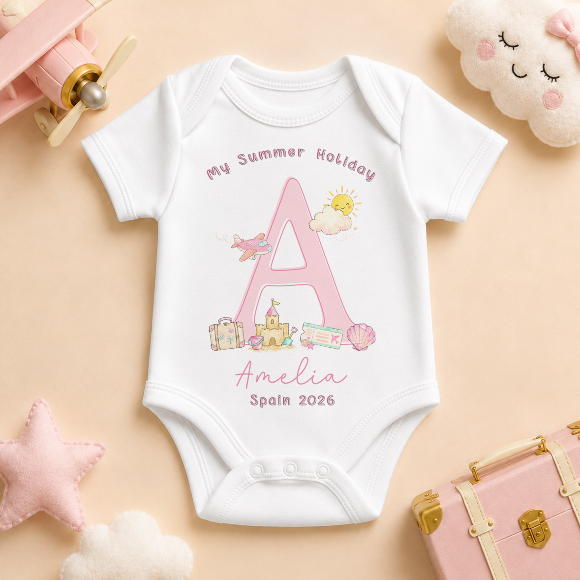 Personalised Summer Holiday Baby Vest Bodysuit for Girls, My Summer Holiday Pink Initial Sandcastle