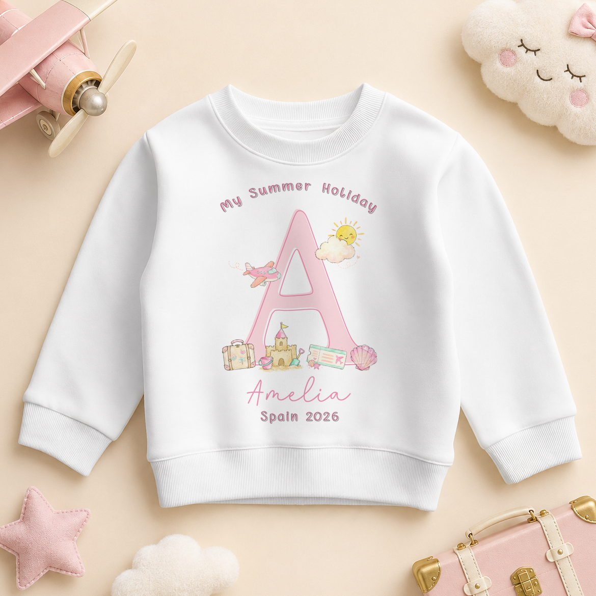 Personalised Summer Holiday Kids Sweatshirt for Girls, My Summer Holiday Pink Initial Sandcastle