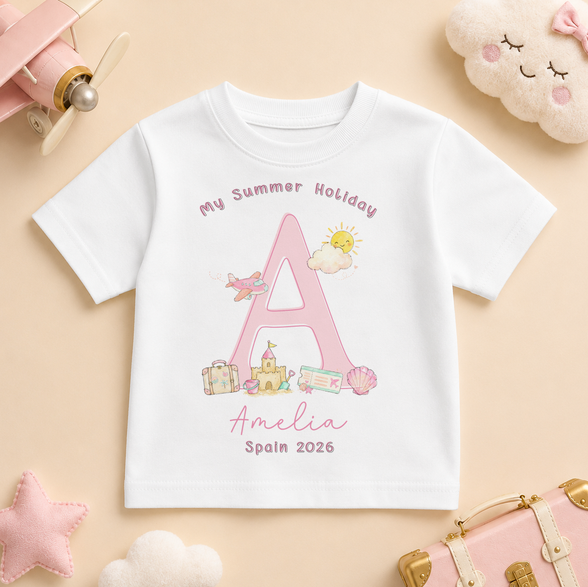 Personalised Summer Holiday Kids T-Shirt for Girls, My Summer Holiday Pink Initial Sandcastle