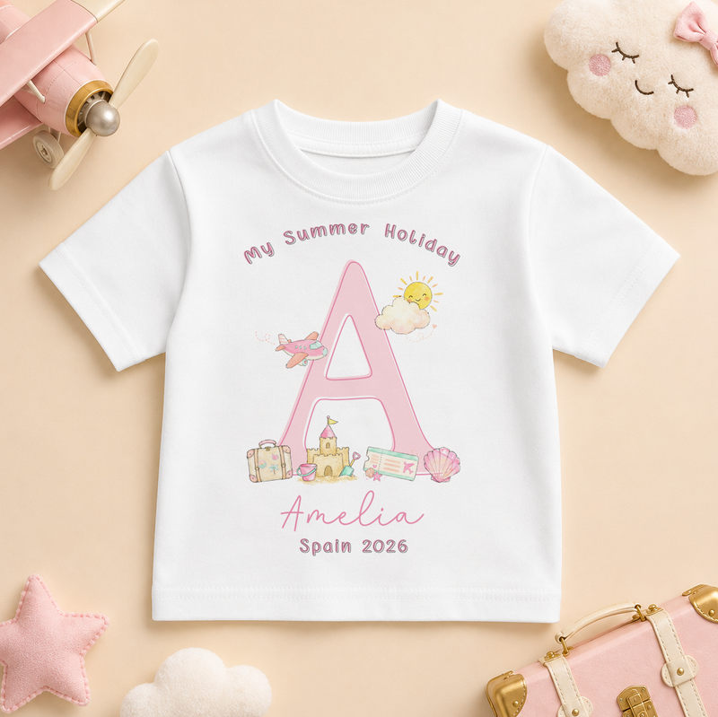 Personalised Summer Holiday Kids T-Shirt for Girls, My Summer Holiday Pink Initial Sandcastle