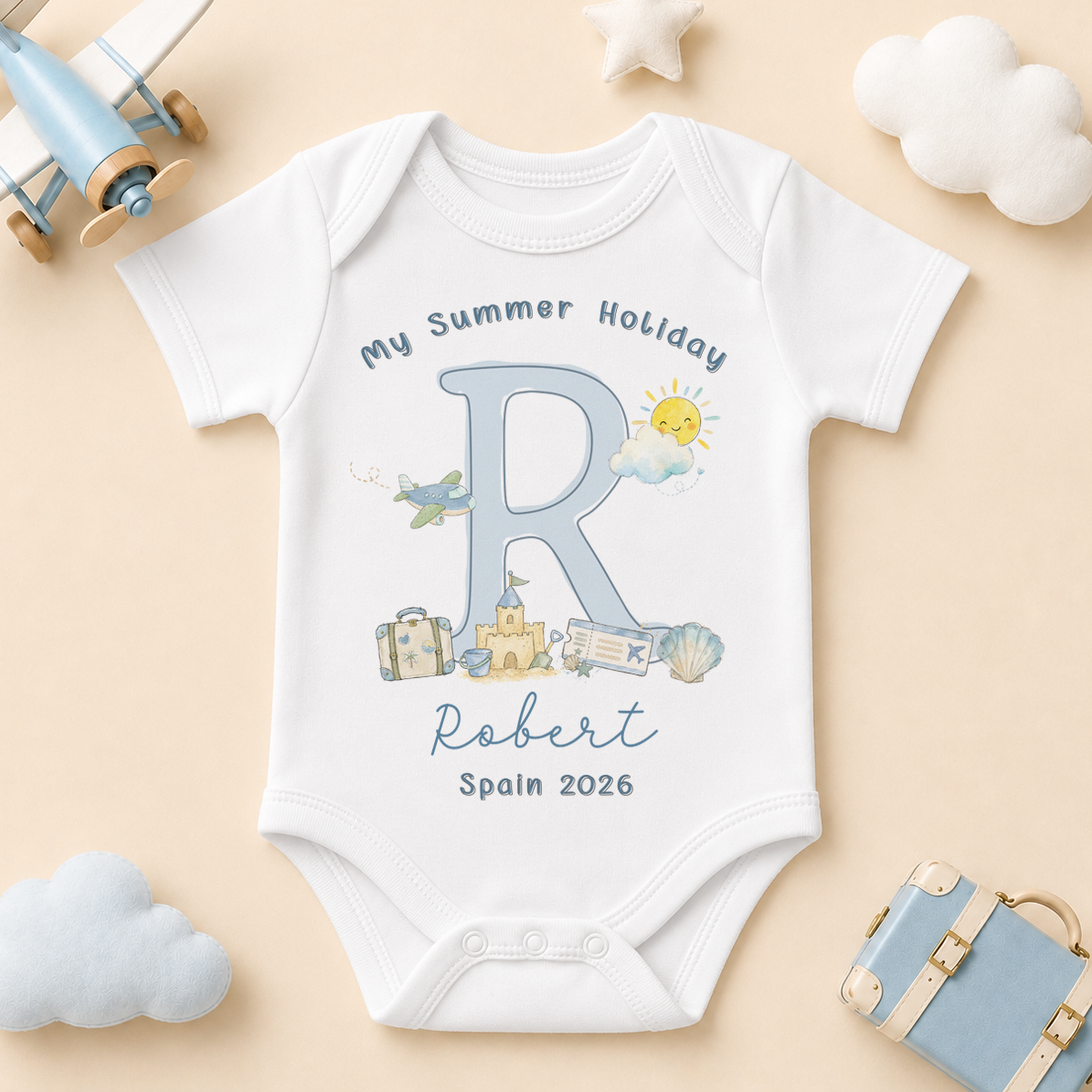 Personalised Summer Holiday Baby Vest Bodysuit for Boys, My Summer Holiday Blue Initial Sandcastle
