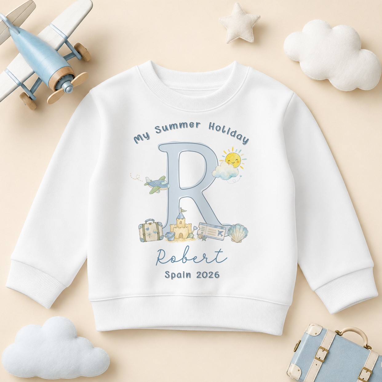 Personalised Summer Holiday Kids Sweatshirt for Boys, My Summer Holiday Blue Initial Sandcastle