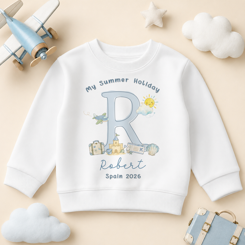 Personalised Summer Holiday Kids Sweatshirt for Boys, My Summer Holiday Blue Initial Sandcastle
