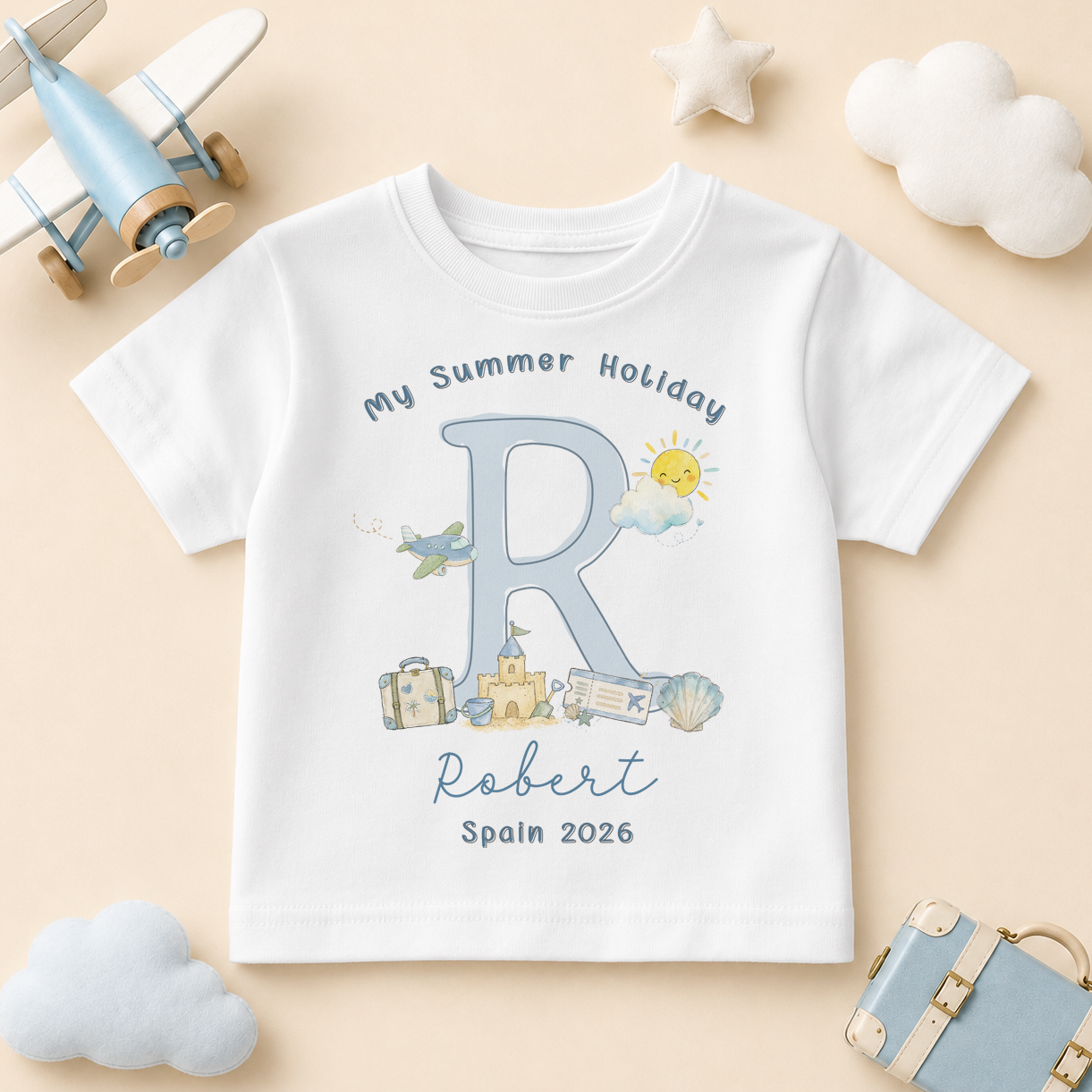 Personalised Summer Holiday Kids T-Shirt for Boys, My Summer Holiday Blue Initial Sandcastle