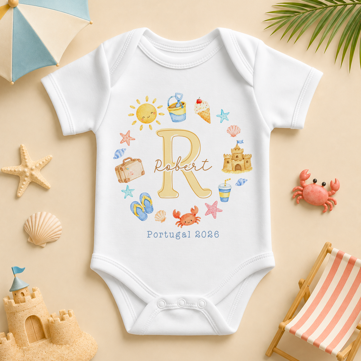 Personalised Summer Holiday Baby Vest Bodysuit, Summer Holiday Initial Beach Icons