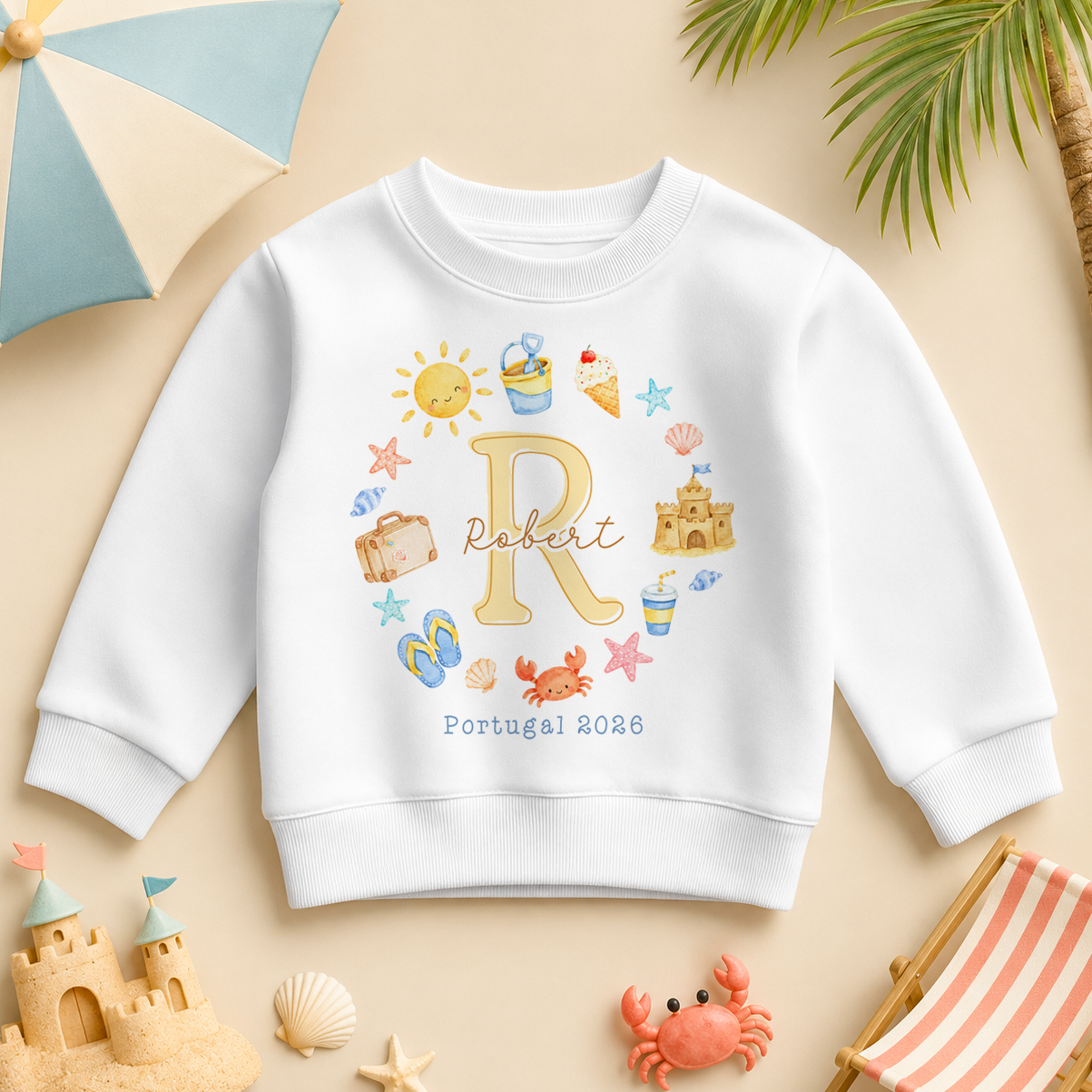 Personalised Summer Holiday Sweatshirt for Toddlers and Kids, Summer Holiday Initial Beach Icons