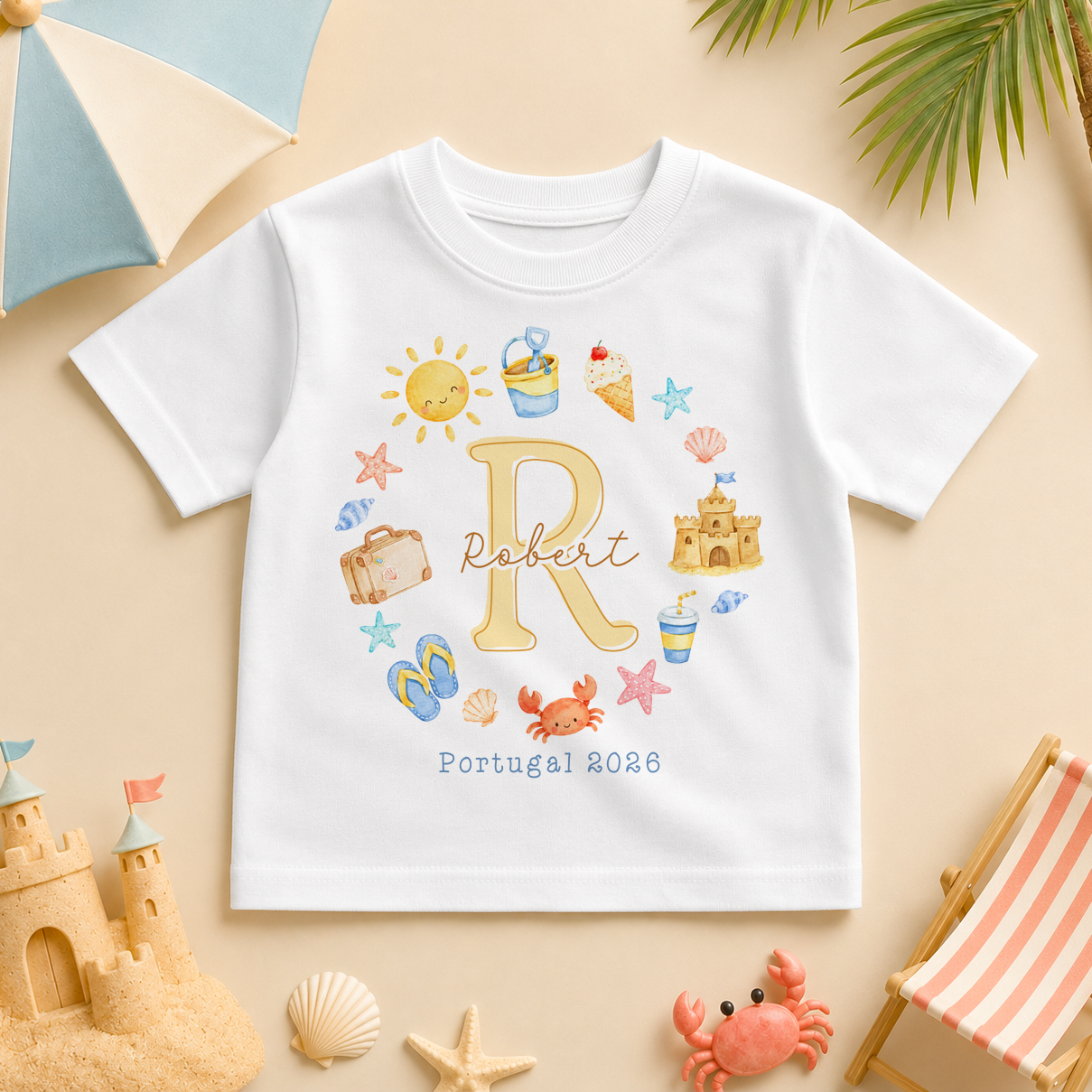 Personalised Summer Holiday T-Shirt for Toddlers and Kids, Summer Holiday Initial Beach Icons
