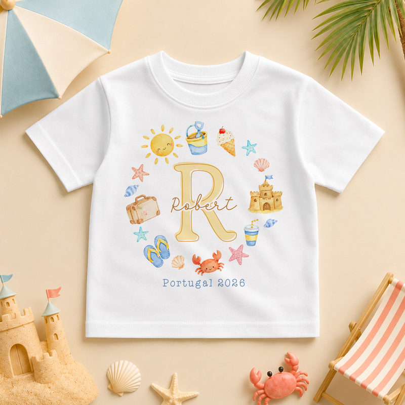Personalised Summer Holiday T-Shirt for Toddlers and Kids, Summer Holiday Initial Beach Icons