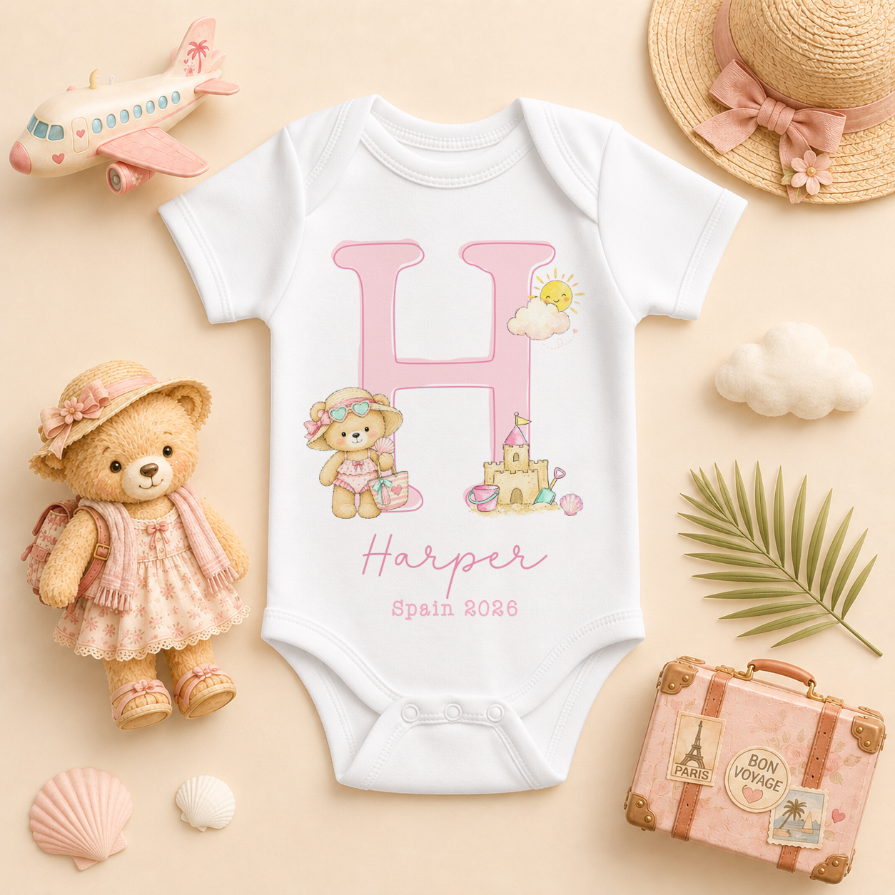 Personalised Summer Holiday Baby Vest Bodysuit for Girls, Summer Holiday Pink Initial Bear Beach