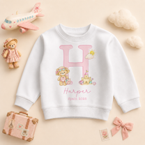Personalised Beach Holiday Kids Sweatshirt for Girls, Pink Bear Watercolour Initial Sandcastle