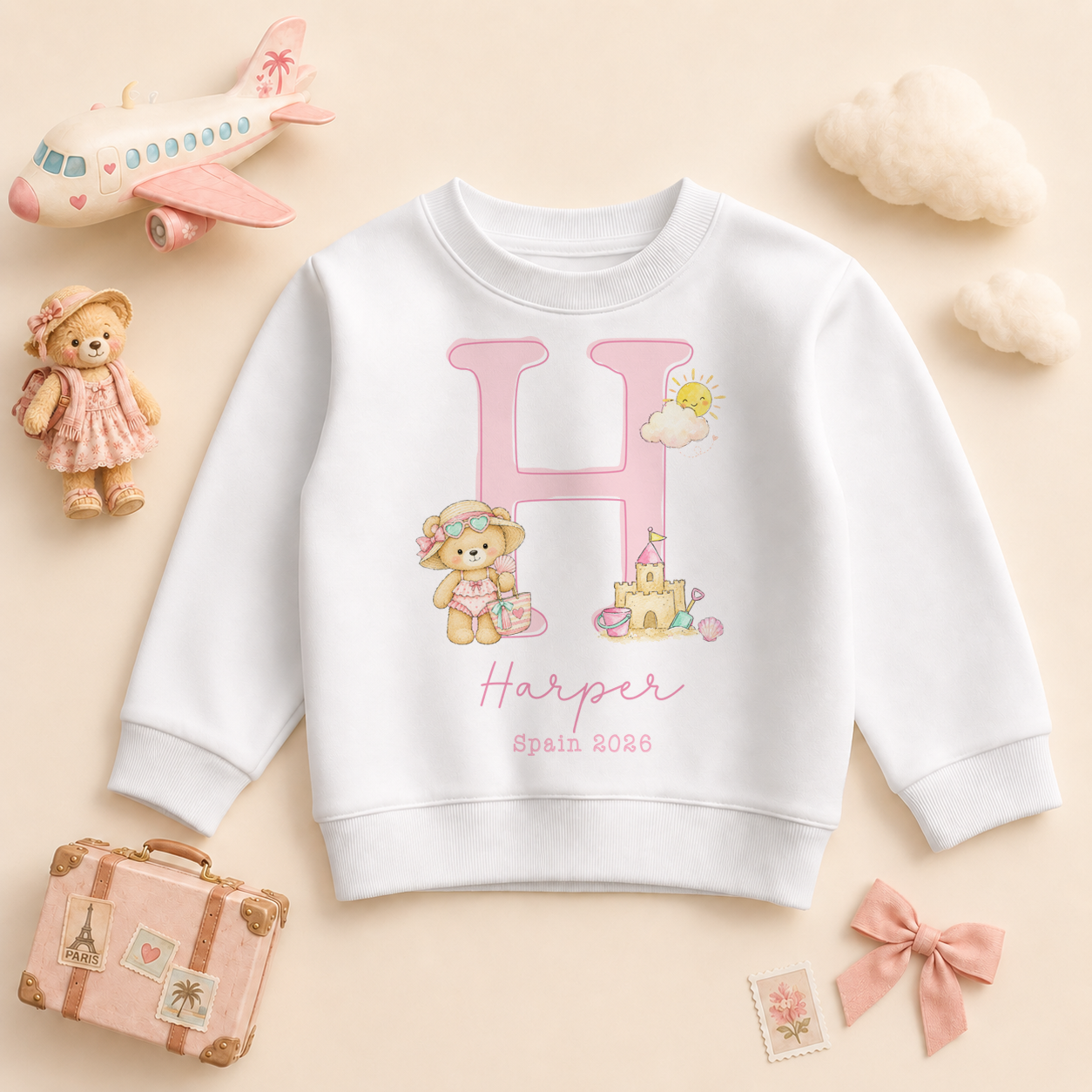 Personalised Summer Holiday Kids Sweatshirt for Girls, Summer Holiday Pink Initial Bear Beach