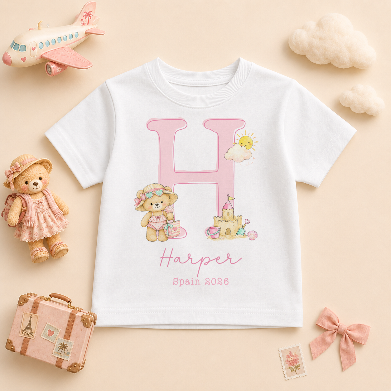 Personalised Summer Holiday Kids T-Shirt for Girls, Summer Holiday Pink Initial Bear Beach