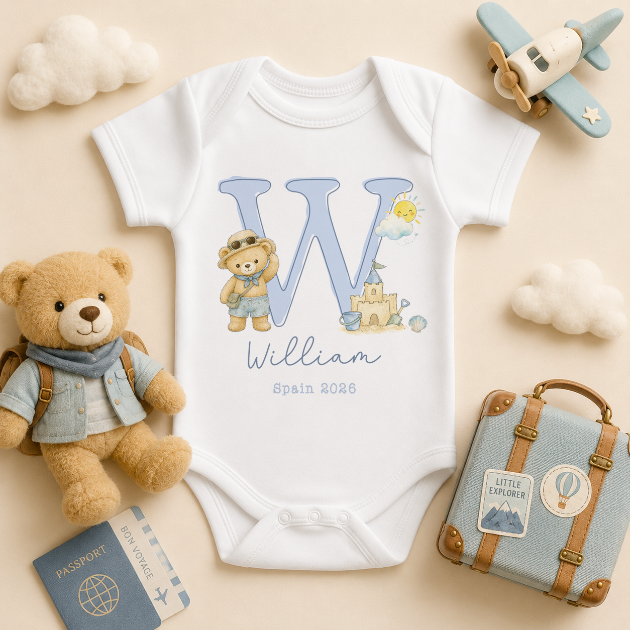 Personalised Summer Holiday Baby Vest Bodysuit for Boys, Summer Holiday Blue Initial Bear Beach