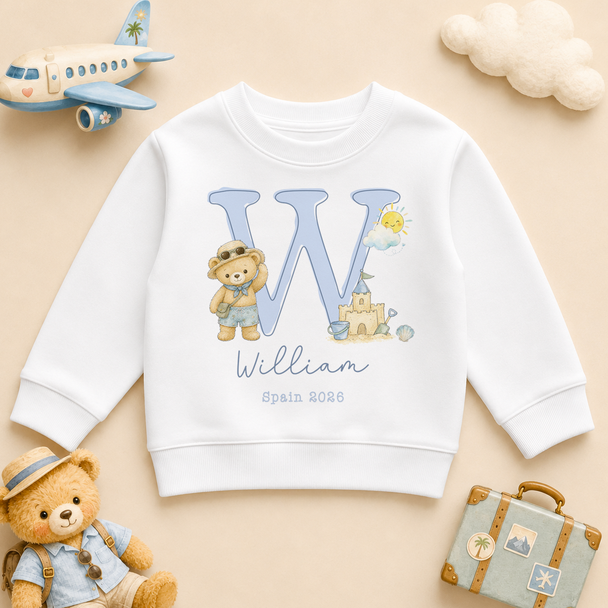 Personalised Summer Holiday Kids Sweatshirt for Boys, Summer Holiday Blue Initial Bear Beach