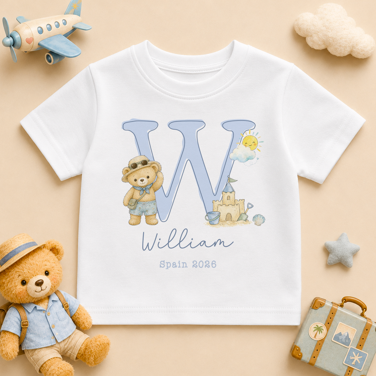 Personalised Summer Holiday Kids T-Shirt for Boys, Summer Holiday Blue Initial Bear Beach
