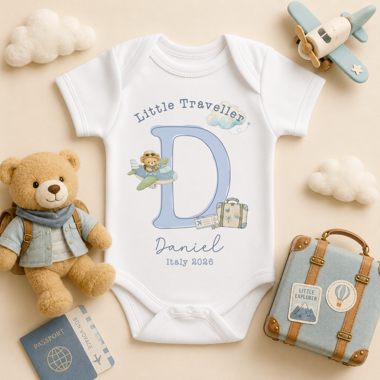 Personalised Summer Holiday Baby Vest Bodysuit for Boys, Little Traveller Blue Initial Bear Pilot