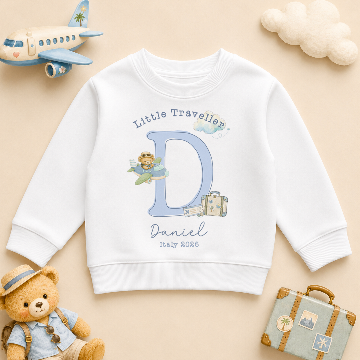 Personalised Summer Holiday Kids Sweatshirt for Boys, Little Traveller Blue Initial Bear Pilot