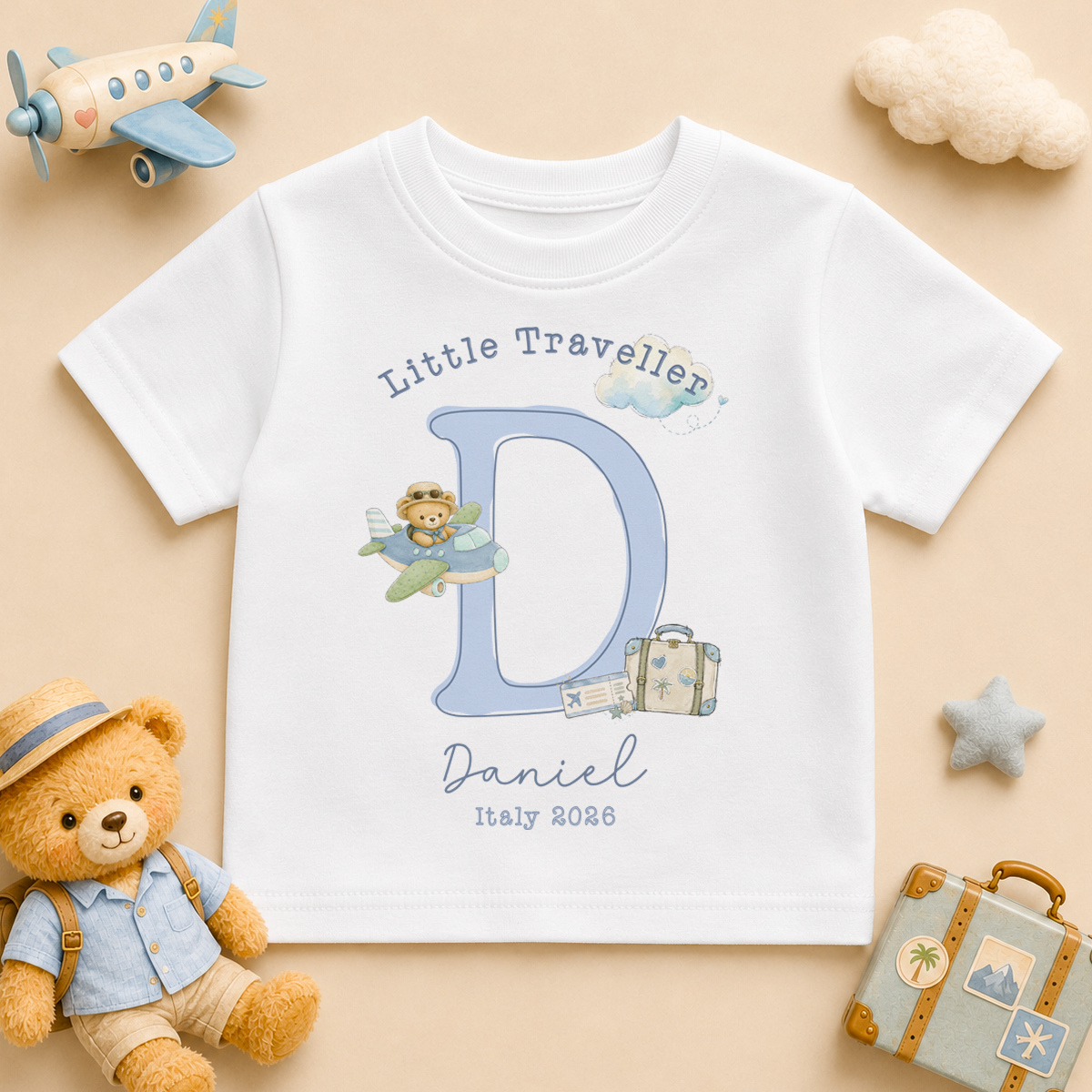 Personalised Summer Holiday Kids T-Shirt for Boys, Little Traveller Blue Initial Bear Pilot